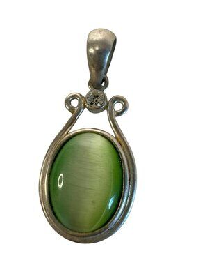 Vintage Silver Green Cats Eye Pendant Crystal Accent 1.5" Elegant Oval Design